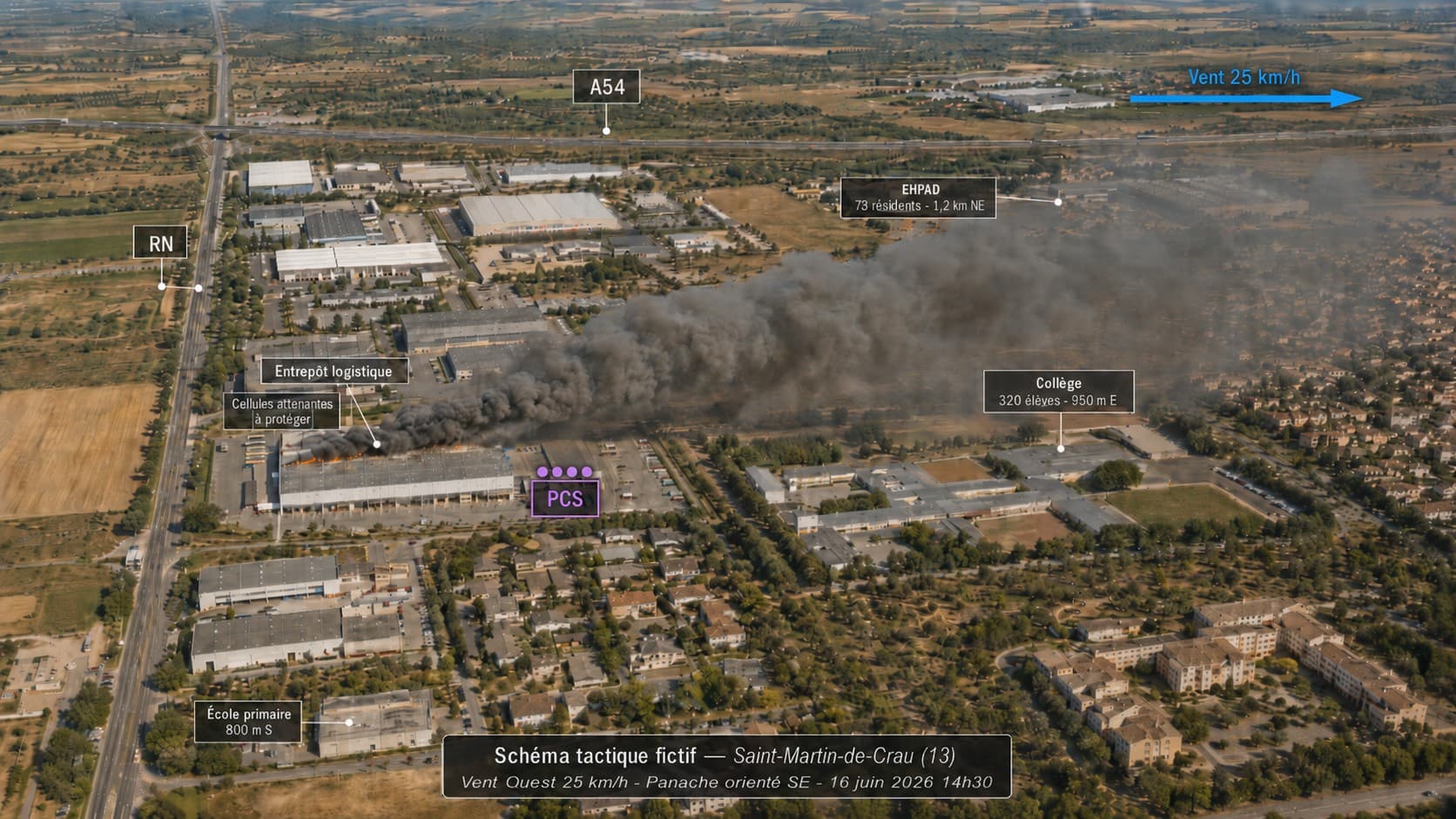 Vue aérienne enrichie par IA Pharos — feu industriel Saint-Martin-de-Crau (scénario fictif)
