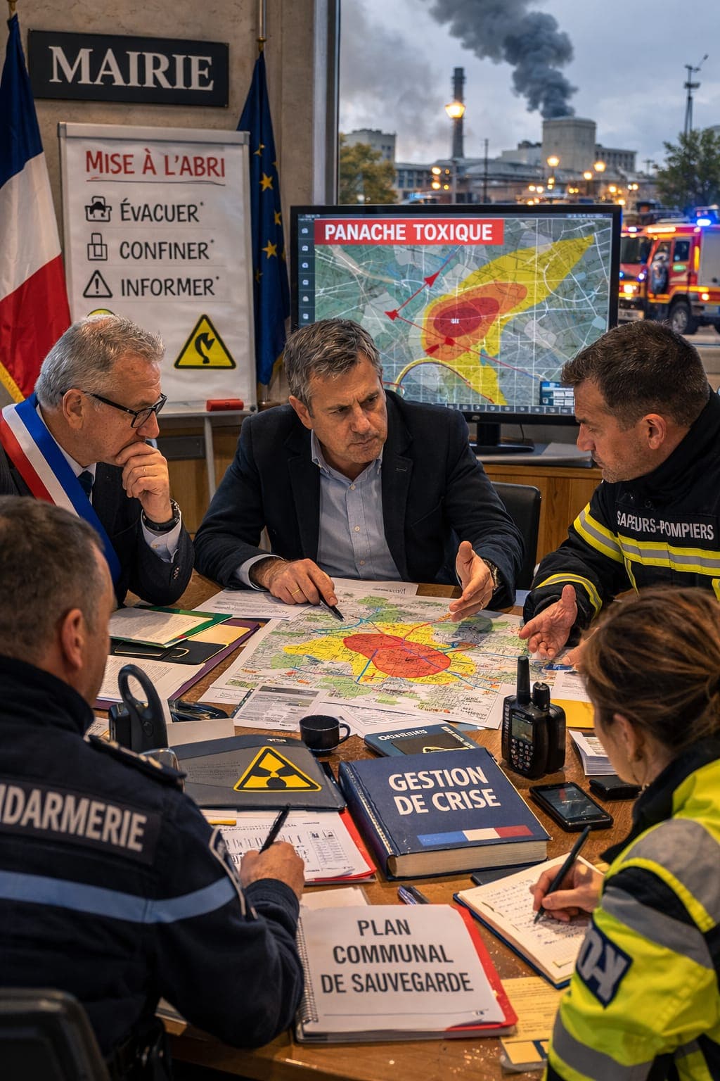 Élu municipal et cadres territoriaux réunis autour d'une carte de territoire pour un exercice de table en mairie.