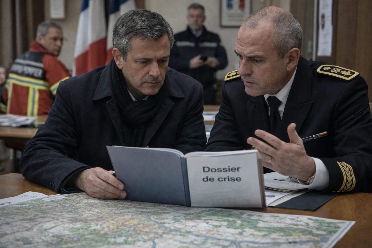 Réunion de coordination interservices préfecture, SDIS et collectivité autour d'une carte tactique.