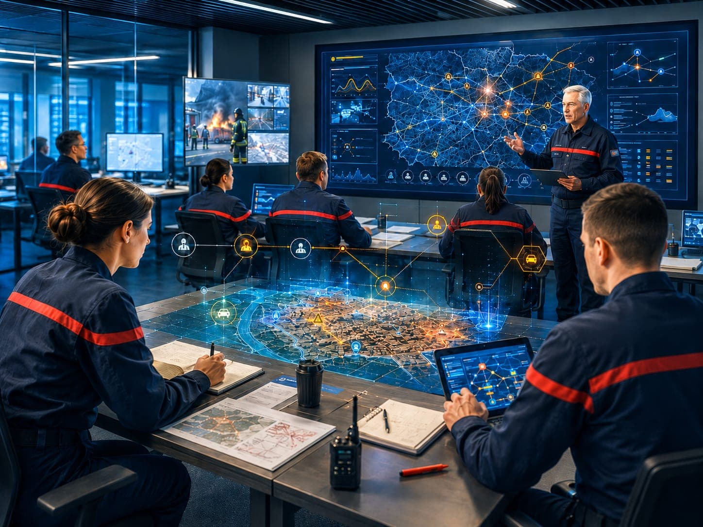 Officier de sapeurs-pompiers consultant un tableau de bord opérationnel dans un poste de commandement.