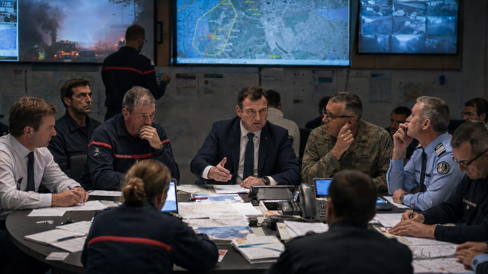 Vue d'un cockpit de crise augmenté par IA Pharos : carte territoriale sombre, panneaux d'injects, indicateurs de pression et interface de simulation.