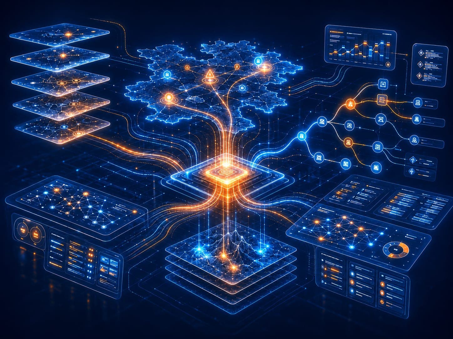 Représentation sobre du moteur d'orchestration IA Pharos : flux de données et nœuds connectés autour d'une carte de crise.