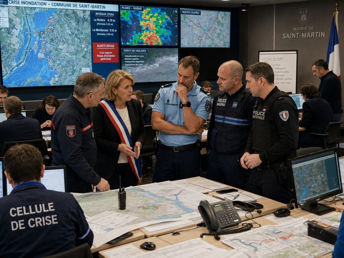 Cellule de crise territoriale réunie autour d'une carte d'état-major, ambiance institutionnelle concentrée.